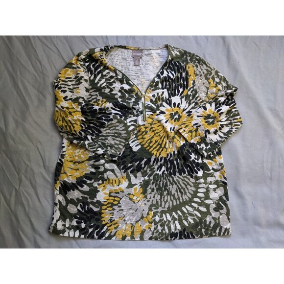 Chicos Top Green Yellow Floral Half Zip V Neck 3/4 Sleeve Womens Size M - Picture 1 of 7